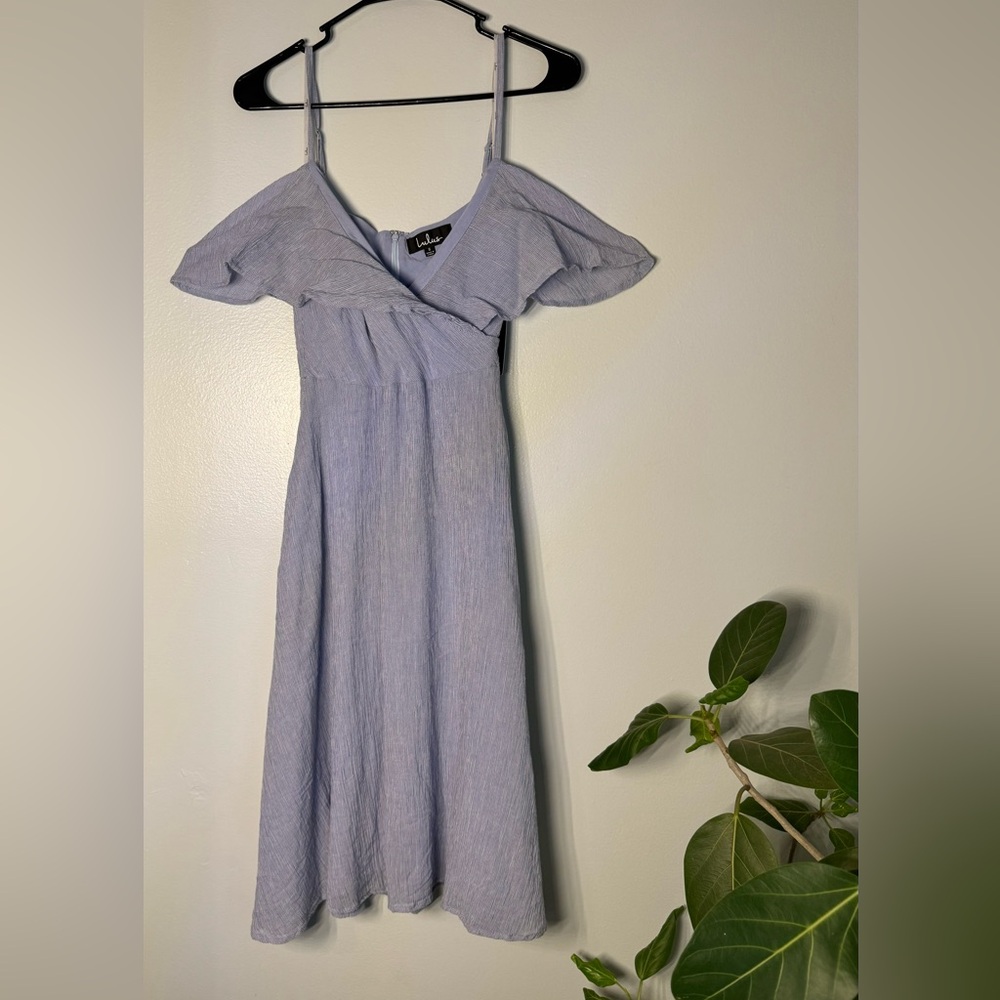 Lulu's Blue and White Striped Midi Sundress with Flutter Sleeves